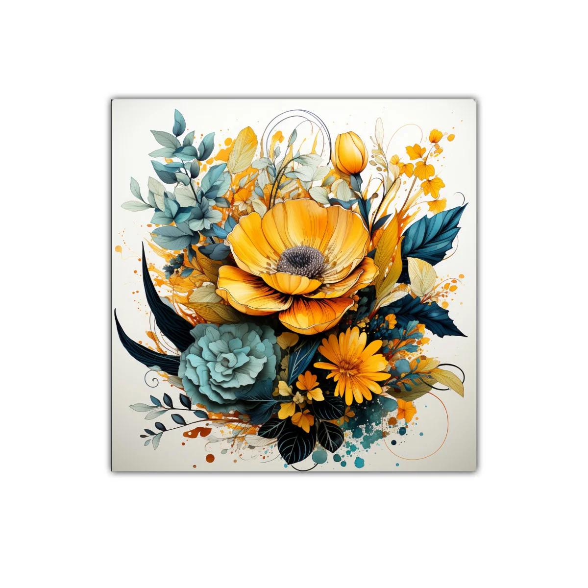 Cuadro floral vibrante con tonos amarillos y verdes azules — imagen principal