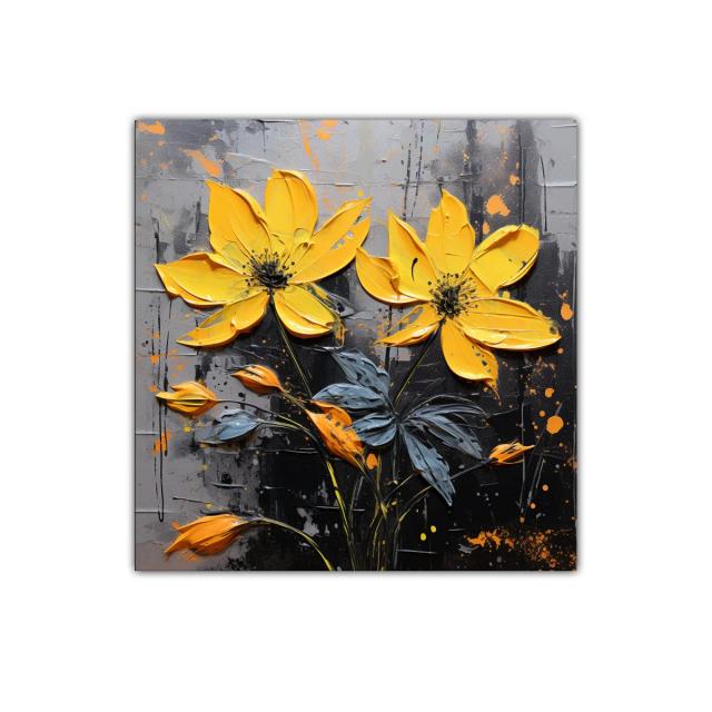 Cuadro floral vibrante con flores amarillas y hojas grises