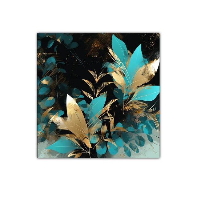 Cuadro decorativo de hojas doradas y verdes sobre fondo oscuro