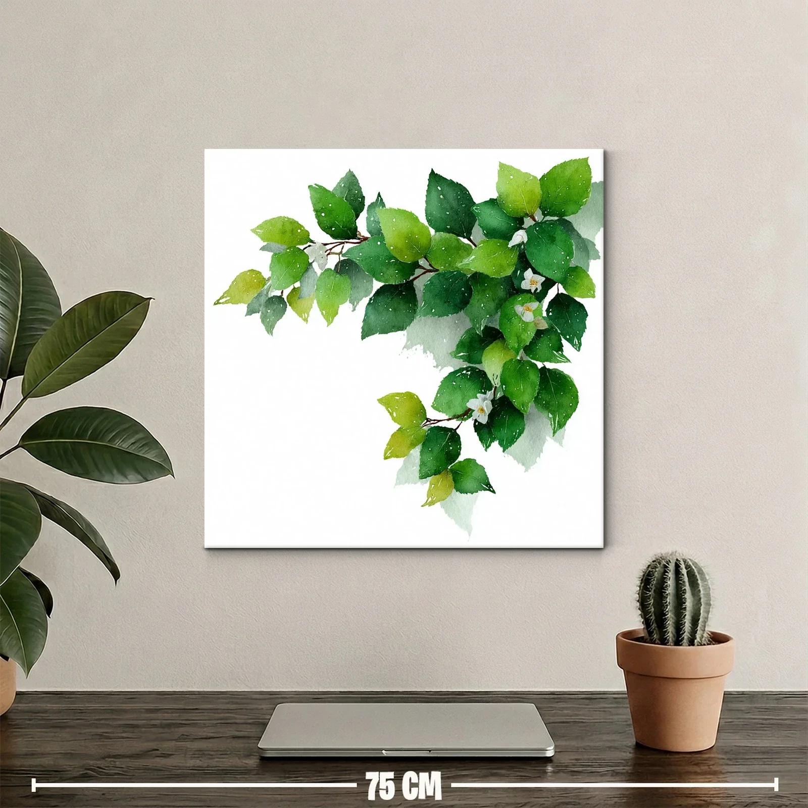 Rama con hojas verdes y flores blancas en acuarela — miniatura 2