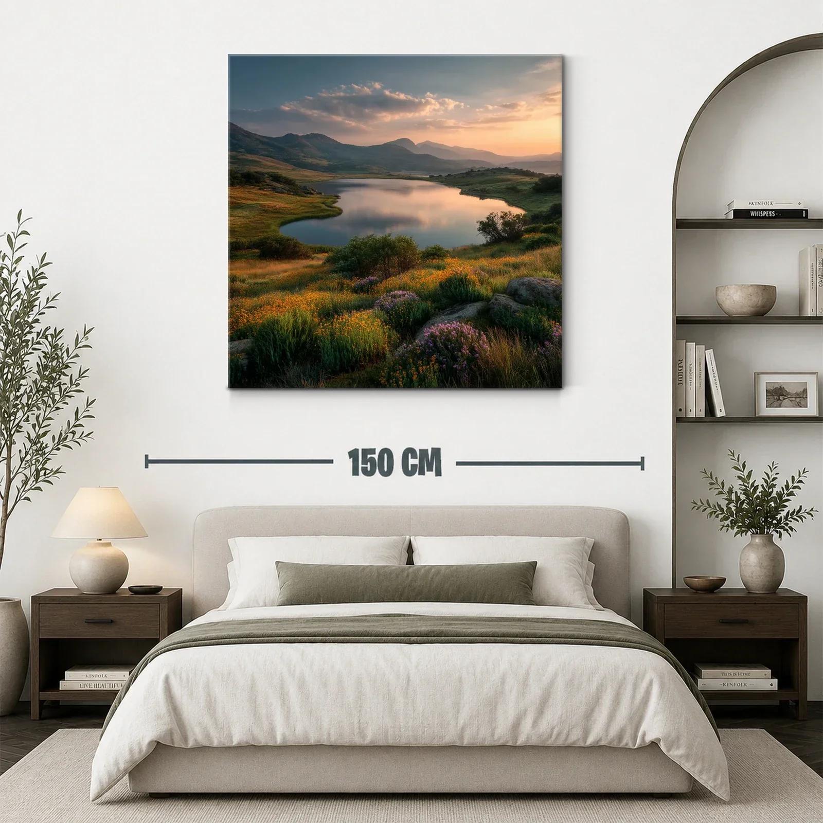 Paisaje sereno con lago y pradera en tonos cálidos — miniatura 3