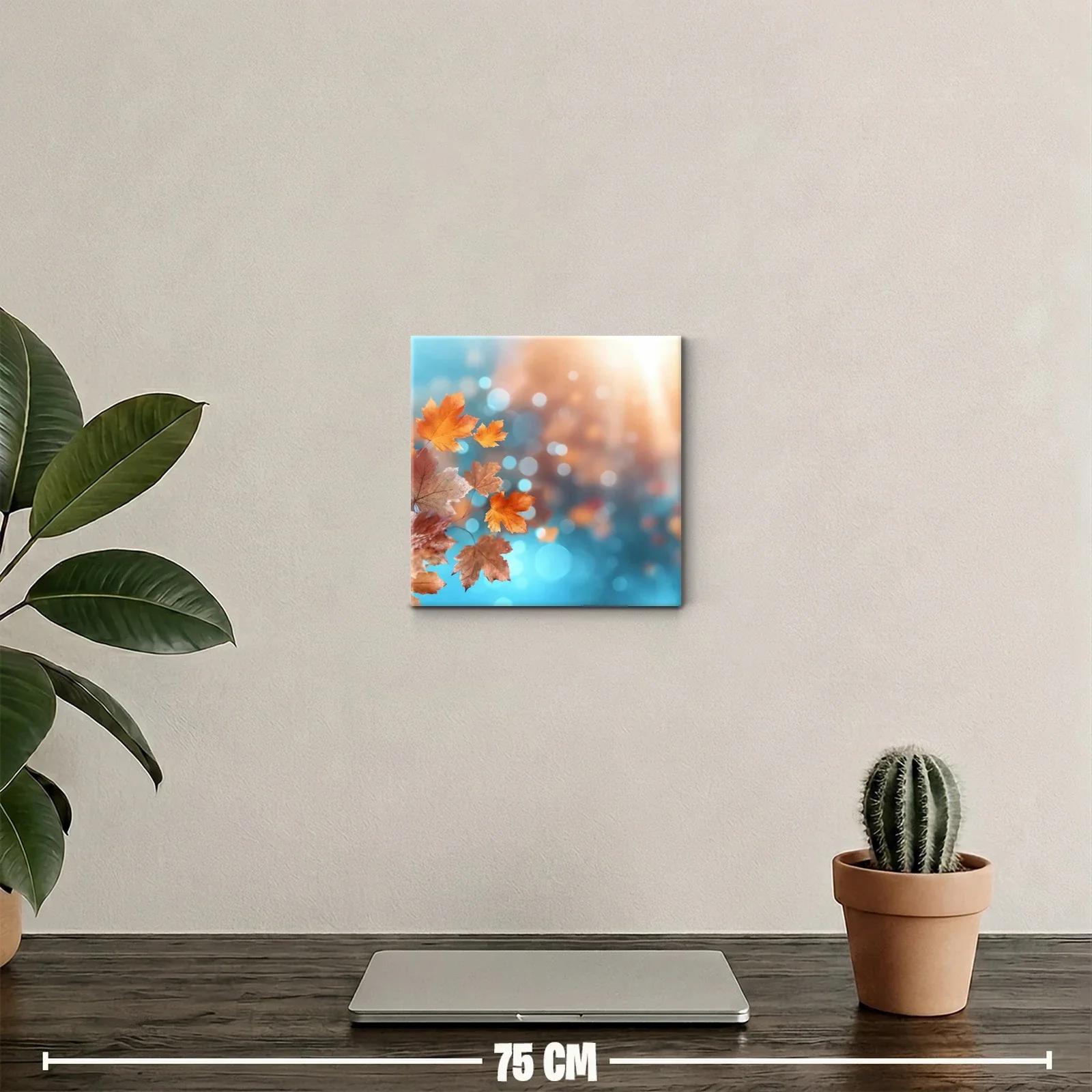 Cuadro con hojas de otoño en tonos cálidos y azul brillante — miniatura 2