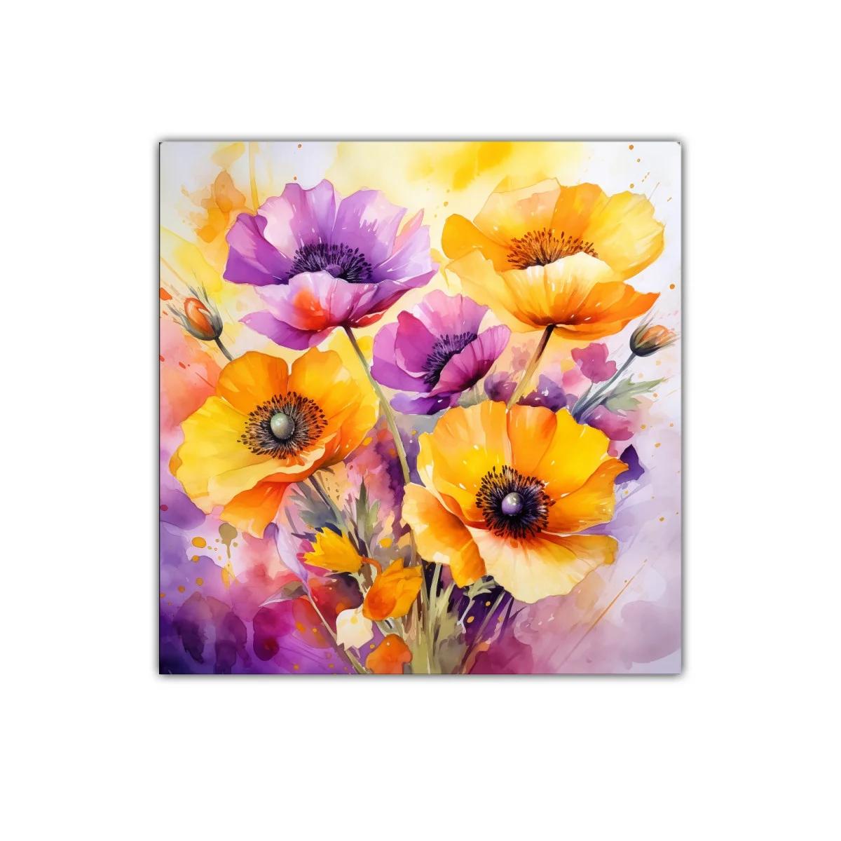 Cuadro floral vibrante con flores en tonos cálidos y lilas — imagen principal