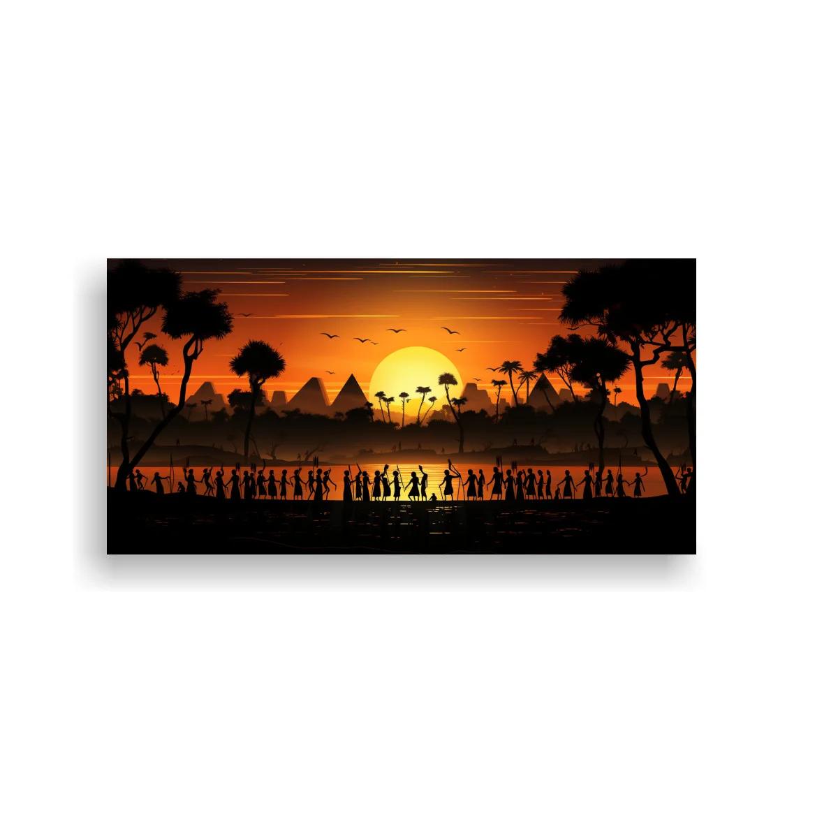 Cuadro paisaje africano al atardecer con siluetas humanas