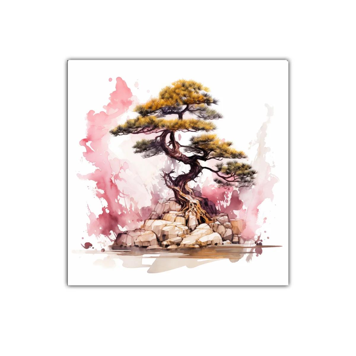 Árbol bonsái sobre rocas con fondo acuarelado rosa — imagen principal