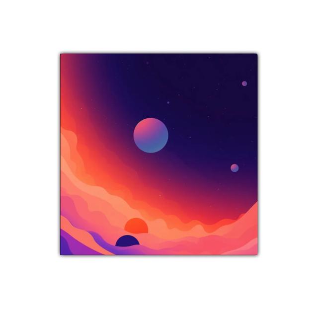 Cuadro abstracto colorido con planetas y horizonte vibrante