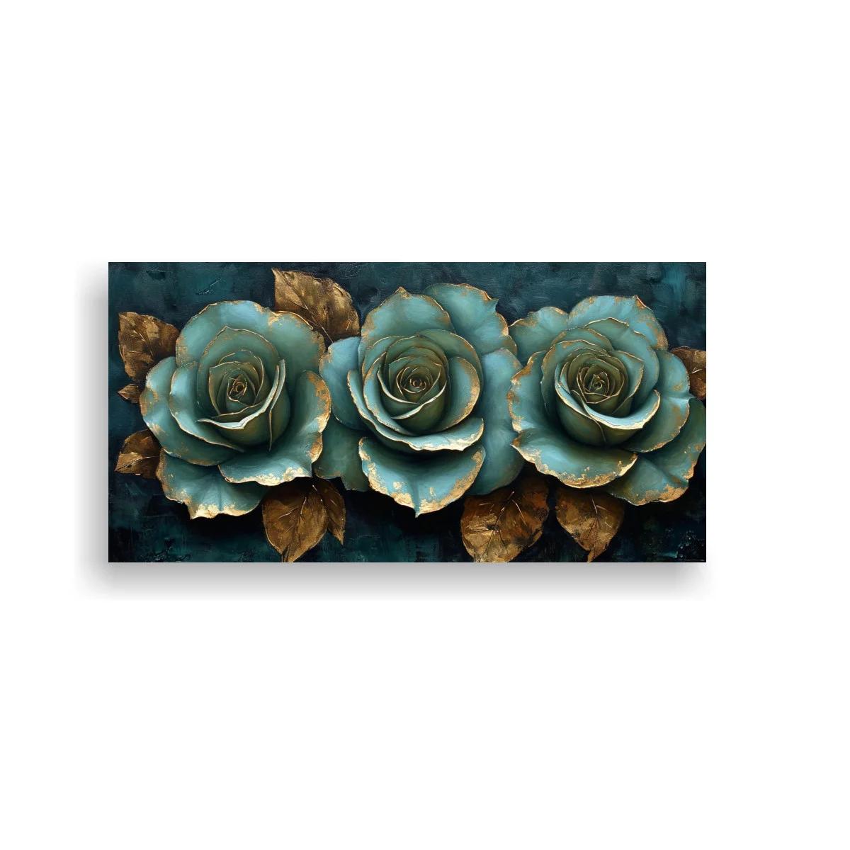 Cuadro tres rosas turquesa con bordes dorados — imagen principal