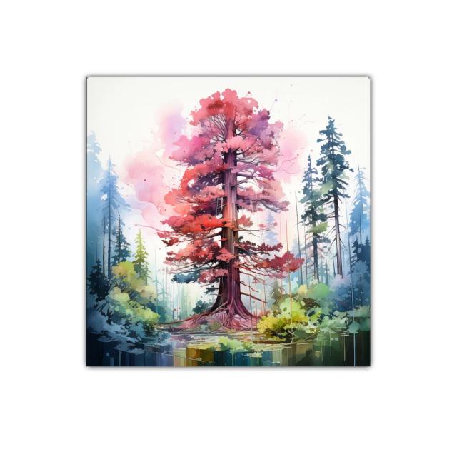 Árbol rojo vibrante en bosque estilizado y sereno