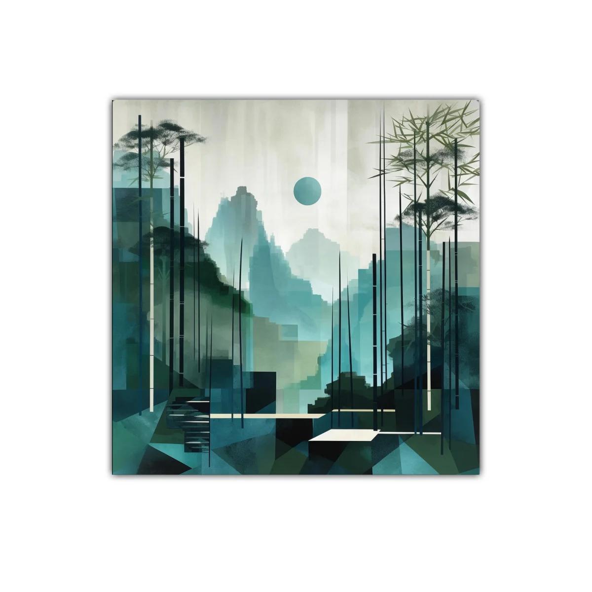 Paisaje abstracto con montañas y bambú en tonos verdes — imagen principal
