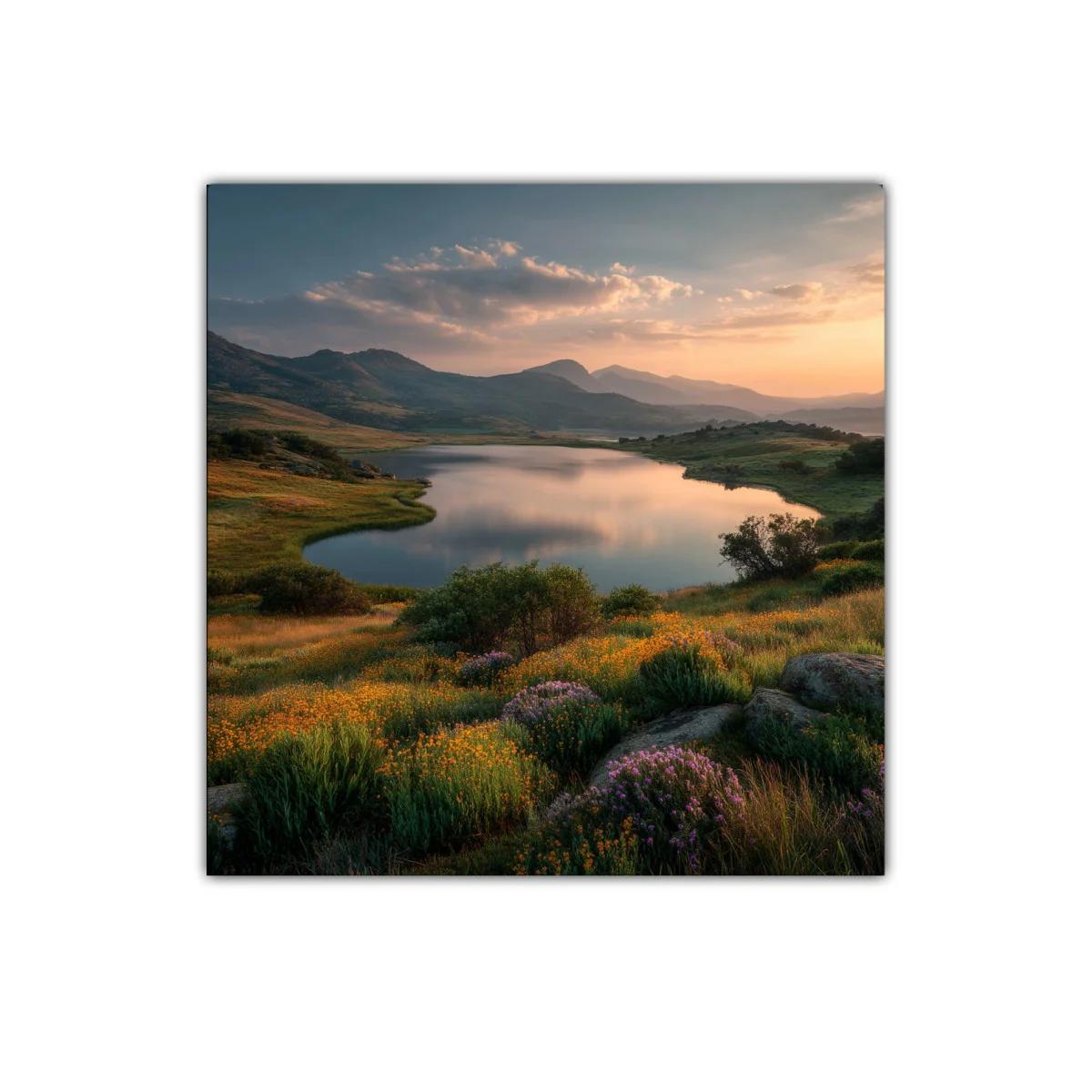 Paisaje sereno con lago y pradera en tonos cálidos — imagen principal