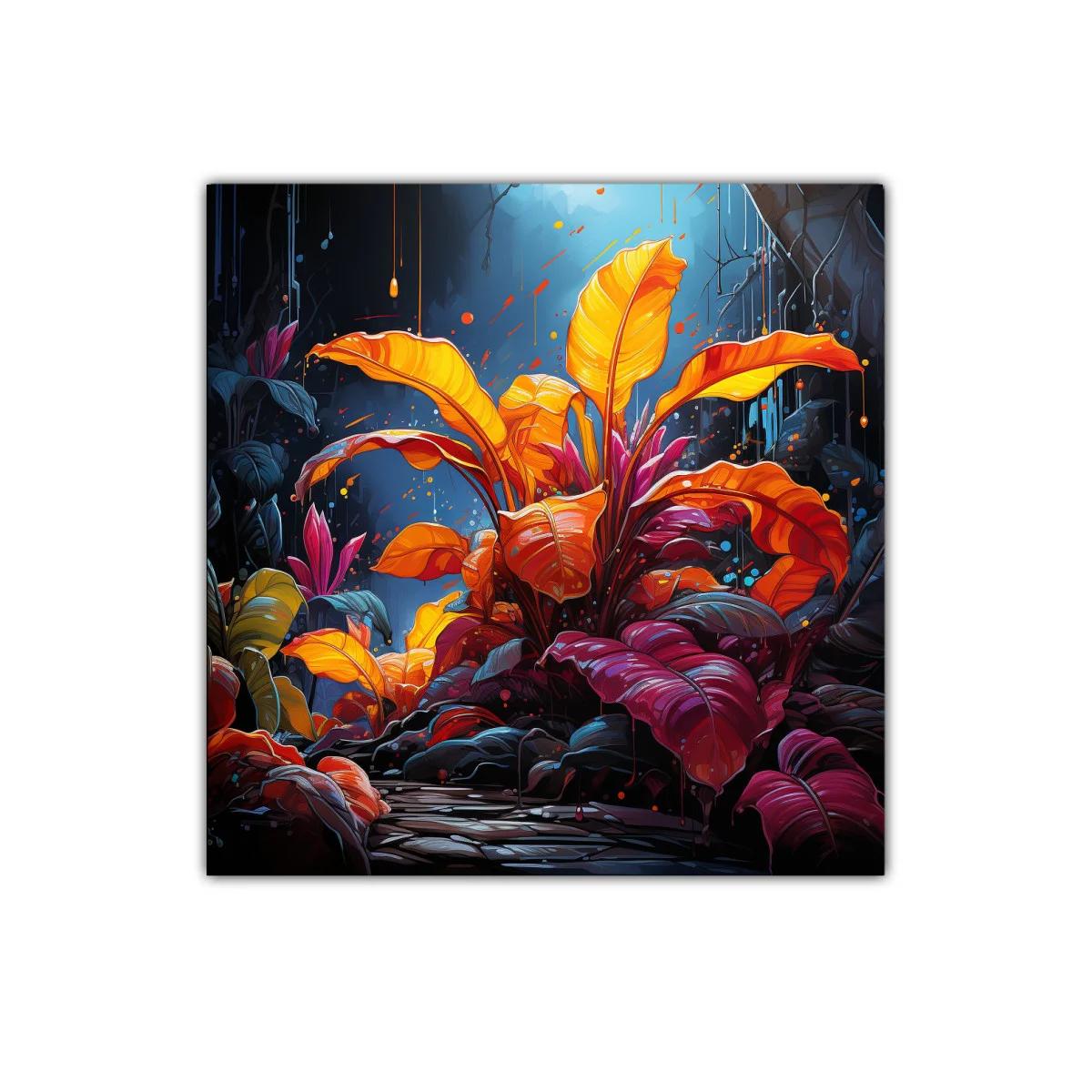 Cuadro decorativo vibrante con planta tropical en tonos cálidos