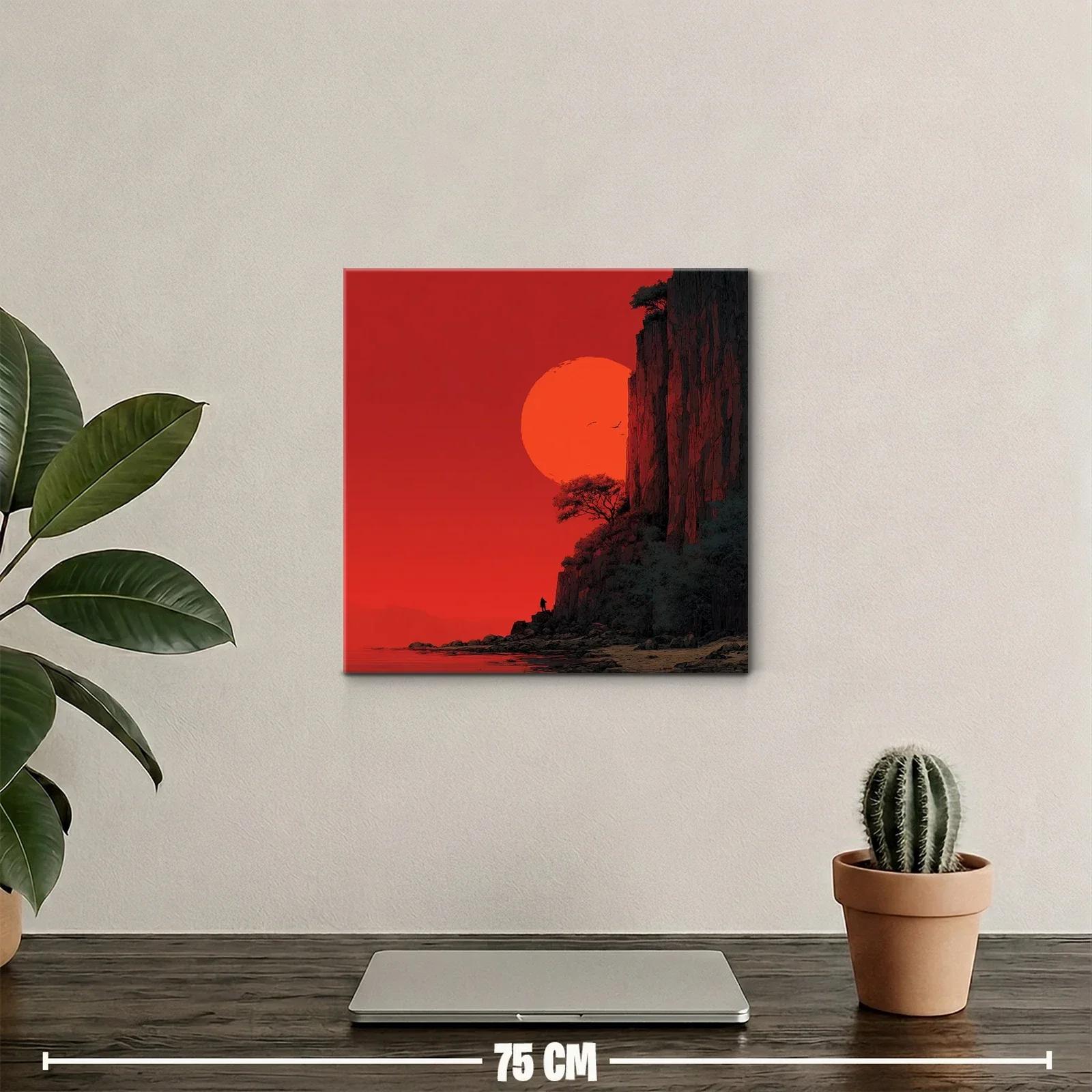 Paisaje dramático con sol rojo y acantilados rocosos — miniatura 2