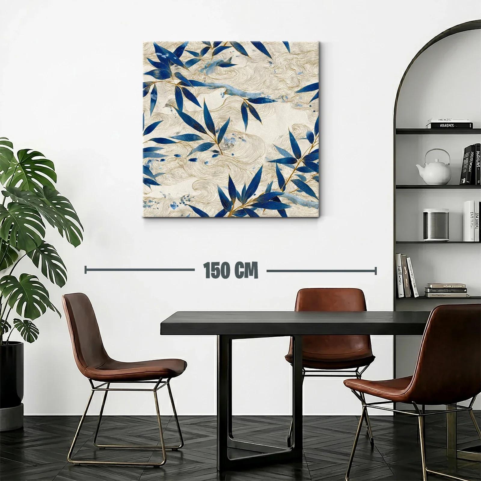 Cuadro con hojas azules y trazos dorados sobre fondo beige — miniatura 2