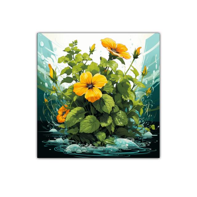 Cuadro vibrante con flores naranjas y hojas verdes