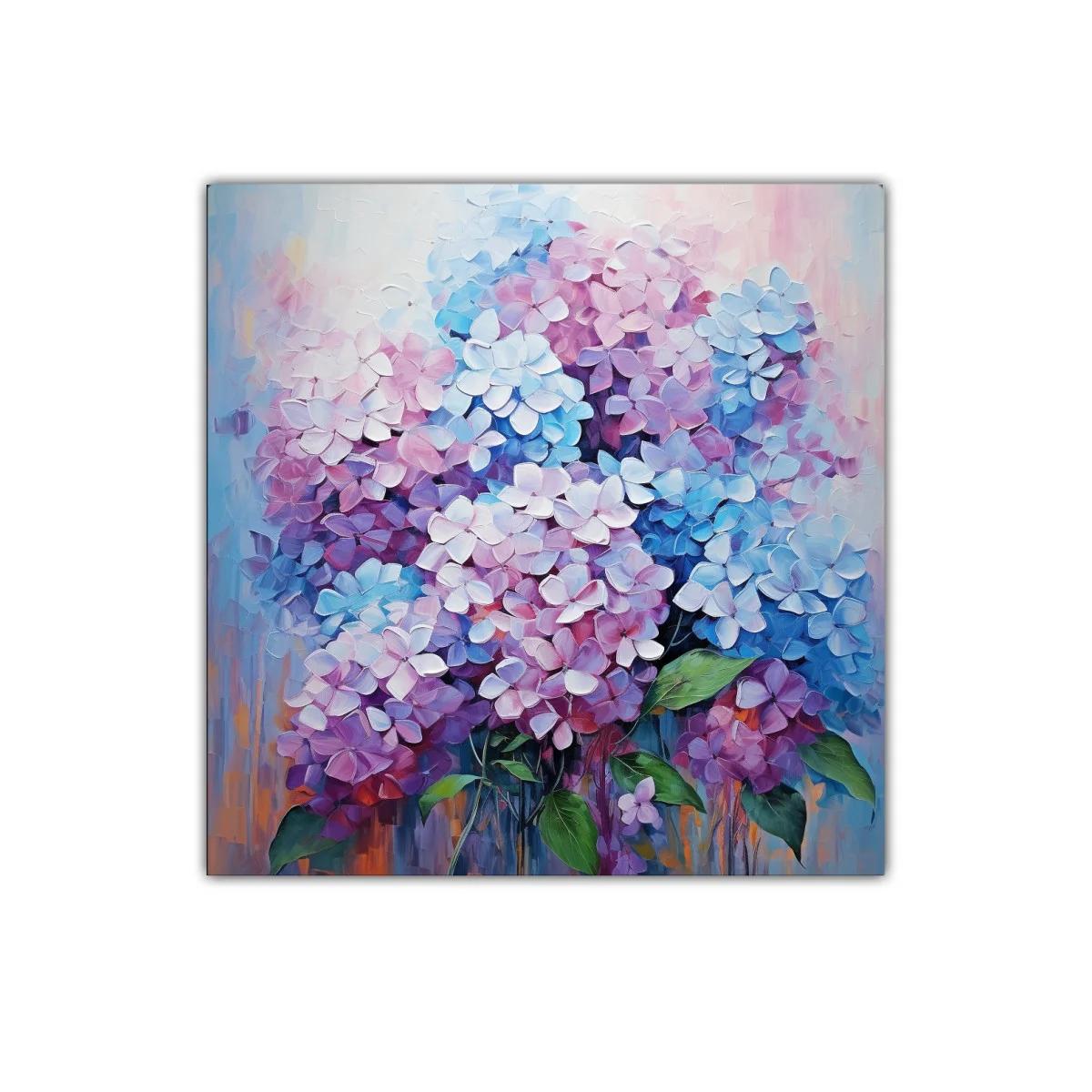 Cuadro decorativo de flores en tonos lilas y azules vibrantes