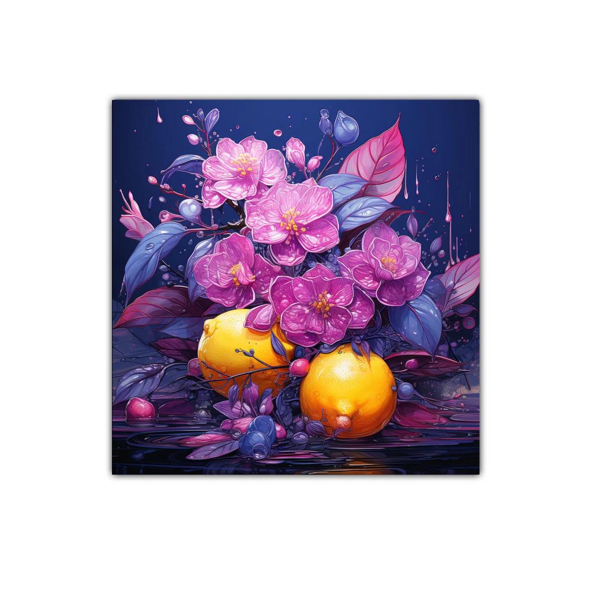 Composición vibrante con flores moradas y frutas amarillas — imagen principal