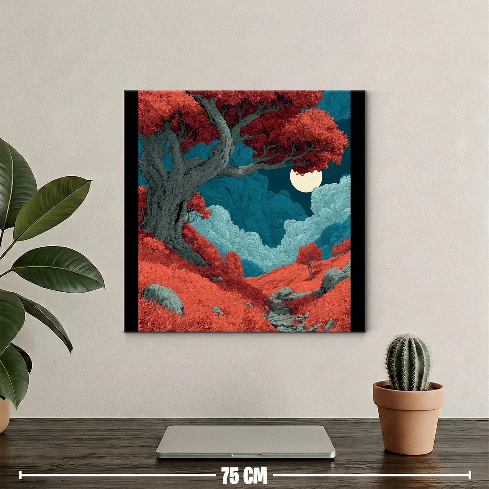Paisaje mágico con árbol rojo y luna llena brillante — miniatura 2