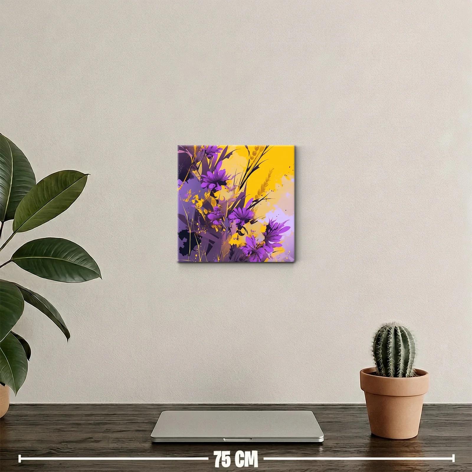 Cuadro decorativo con flores moradas y fondo amarillo vibrante — miniatura 2