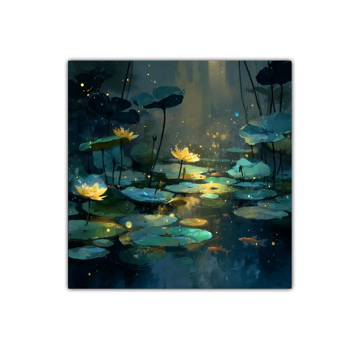 Estanque iluminado con flores y peces en tonos azules — imagen principal