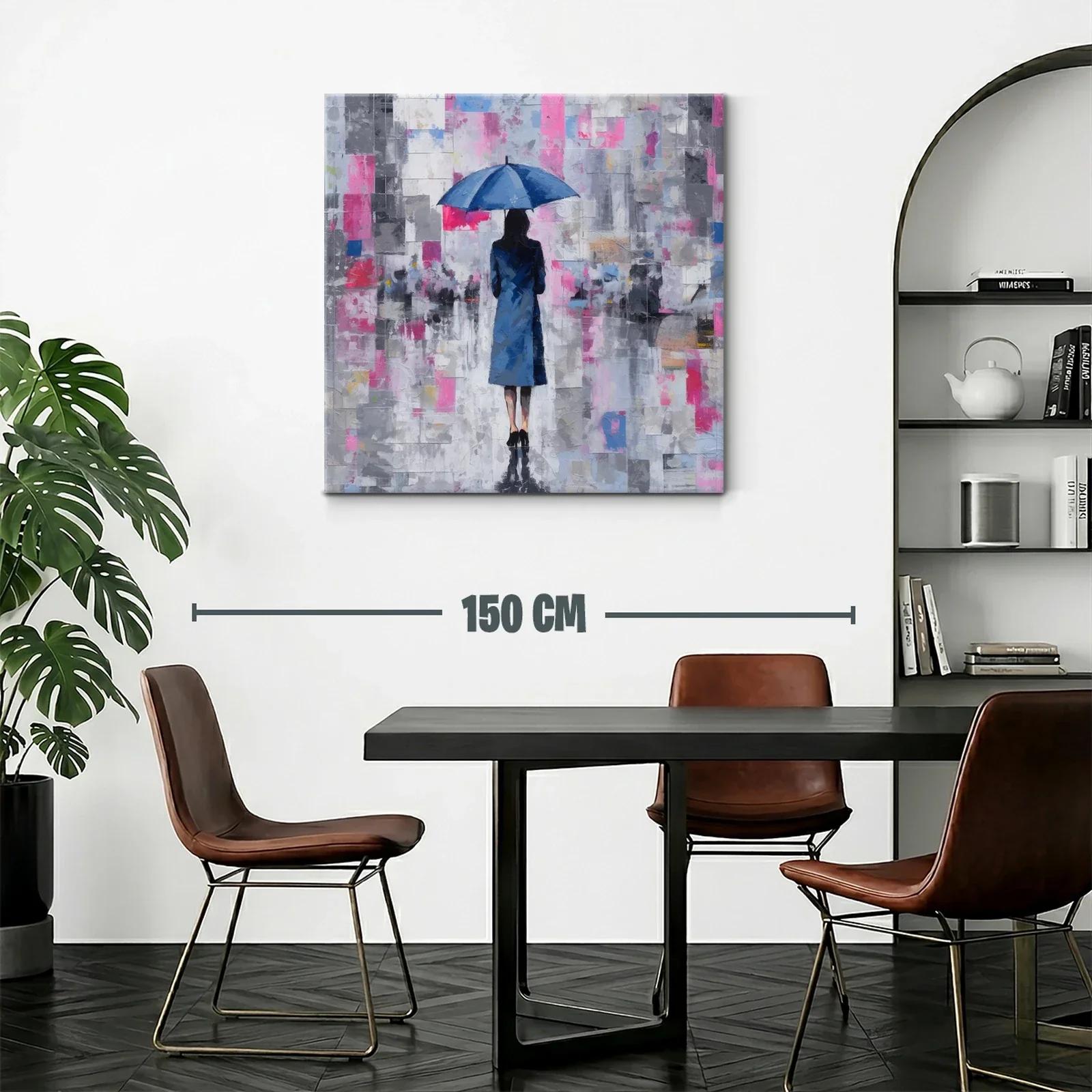 Mujer con paraguas azul en paisaje urbano abstracto — miniatura 2