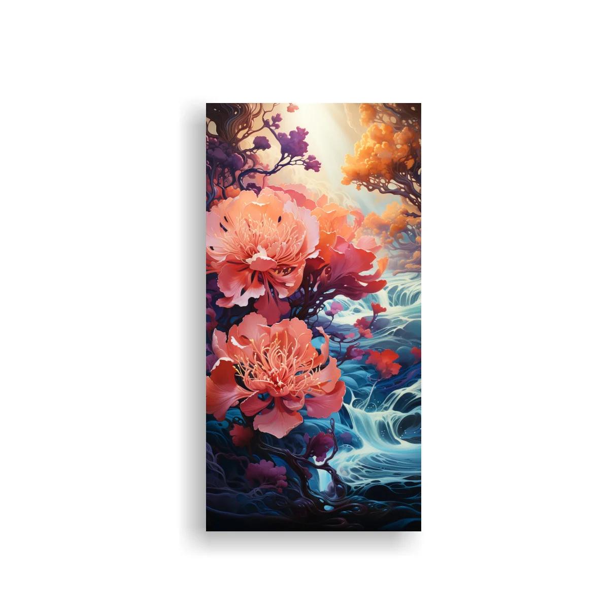 Cuadro flores rosadas grandes junto a agua azul