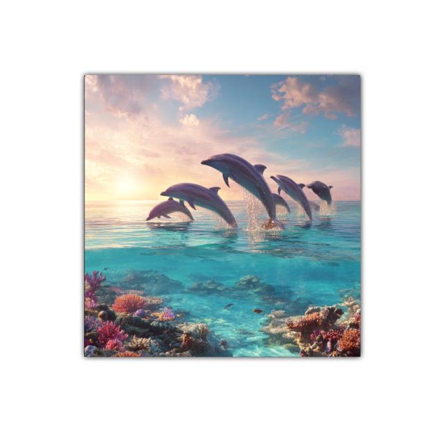Saltos de delfines en un océano al amanecer colorido