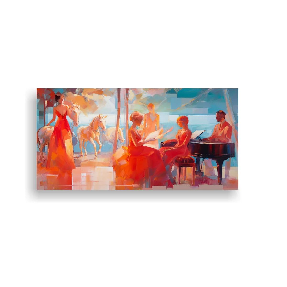 Cuadro escena musical con pianista y caballo blanco