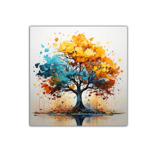 Árbol de otoño con colores vibrantes y reflejo sereno