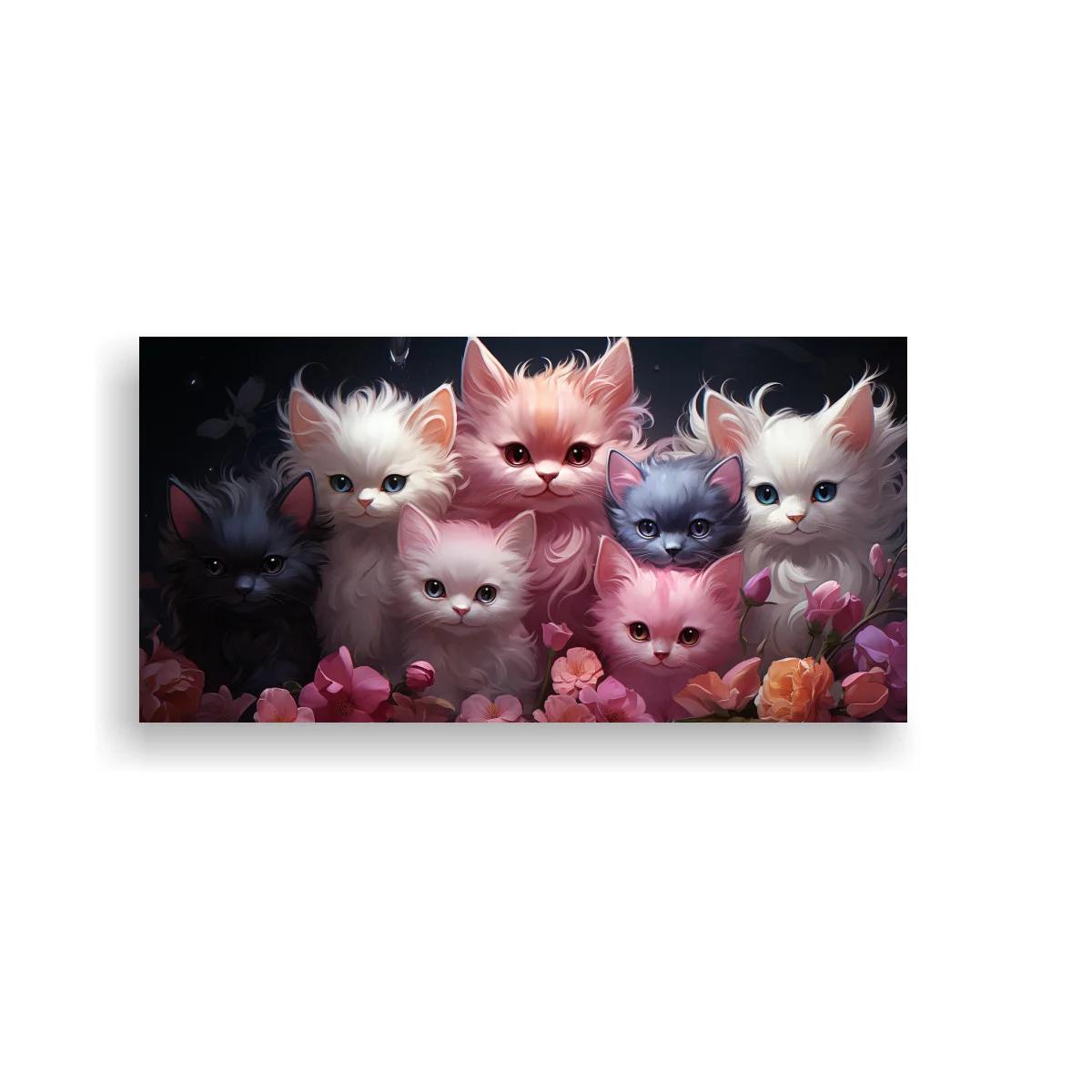 Cuadro grupo de gatitos esponjosos sobre fondo oscuro