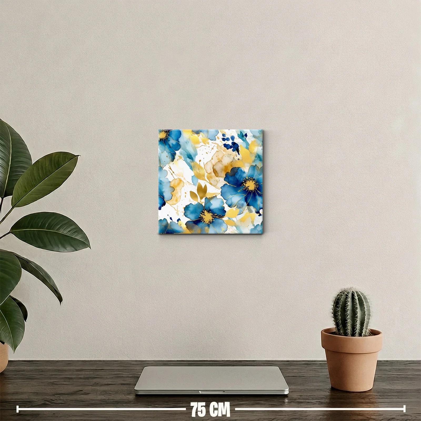 Cuadro decorativo con flores azules y detalles dorados — miniatura 2