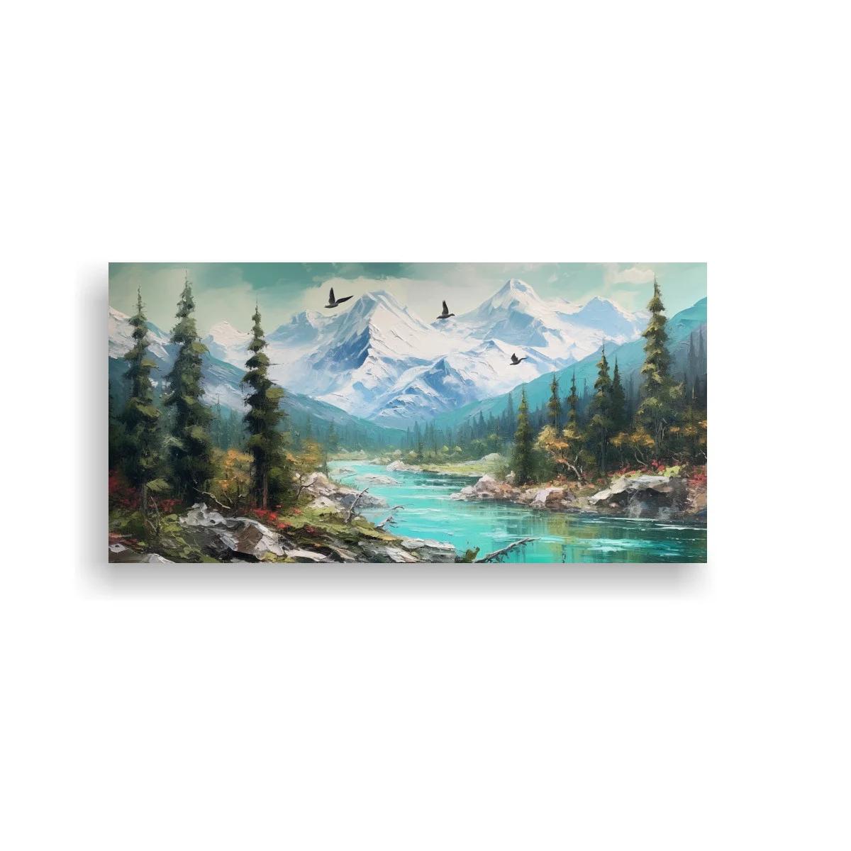 Cuadro paisaje de montaña con lago alpino y aves en vuelo — imagen principal