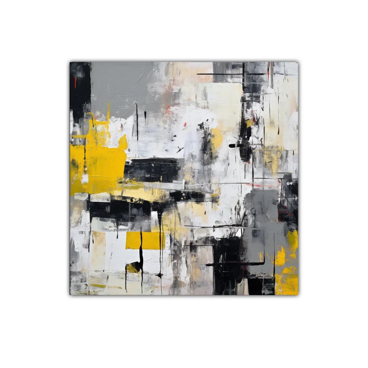 Cuadro abstracto con tonos grises y toques amarillos vibrantes
