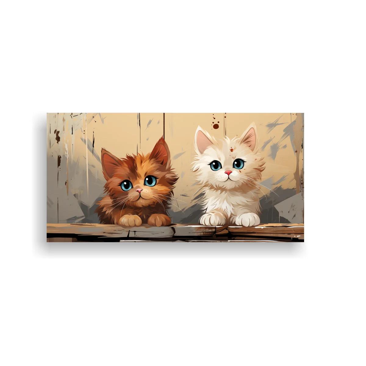 Cuadro dos gatitos juntos en madera y fondo claro texturizado