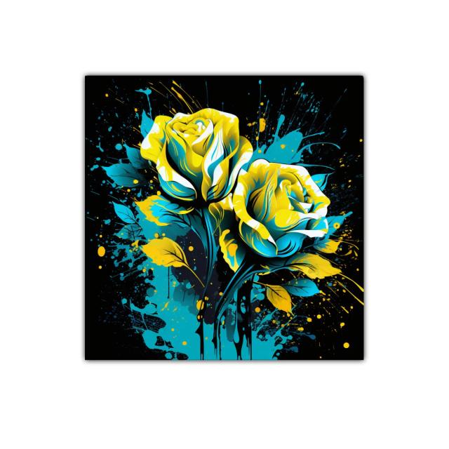 Rosas vibrantes en azul y amarillo sobre fondo oscuro