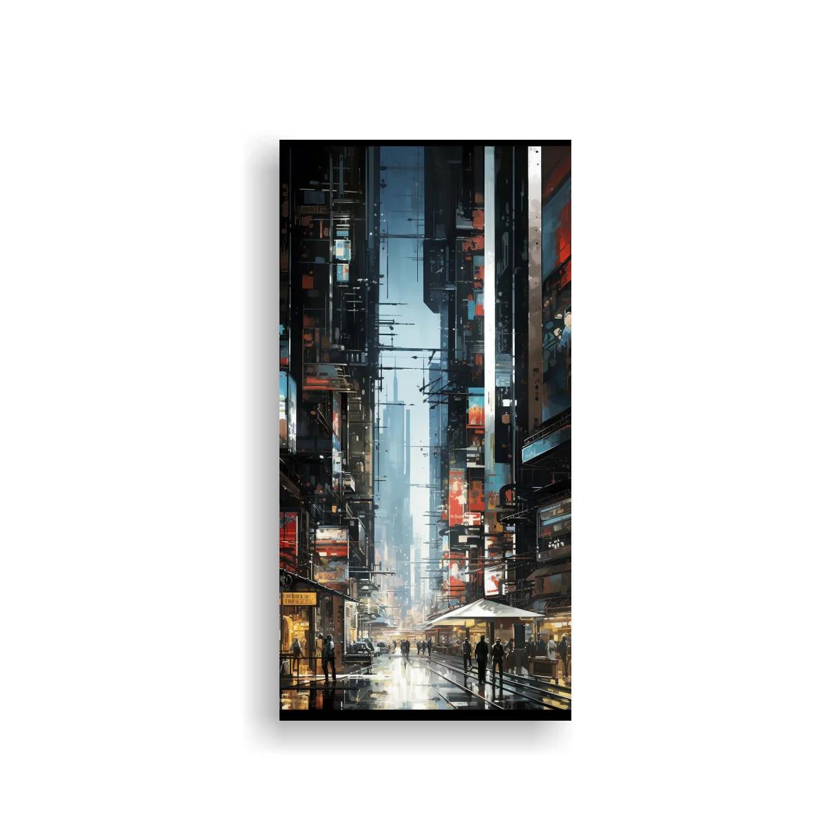 Cuadro calle urbana futurista con marquesinas y suelo mojado