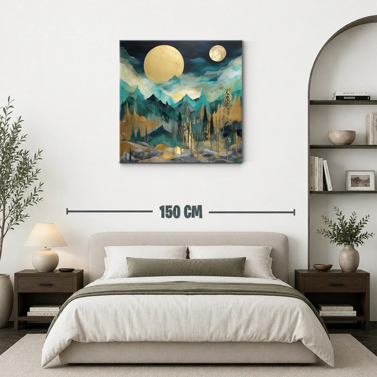 Paisaje nocturno con lunas doradas y montañas azules — miniatura 3