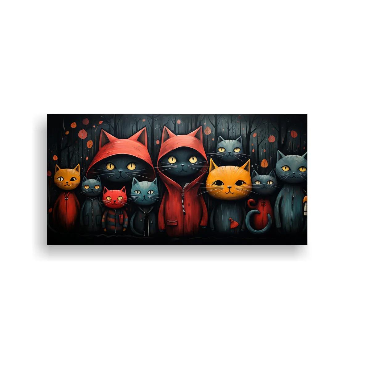 Cuadro grupo de gatos con capuchas rojas y setas