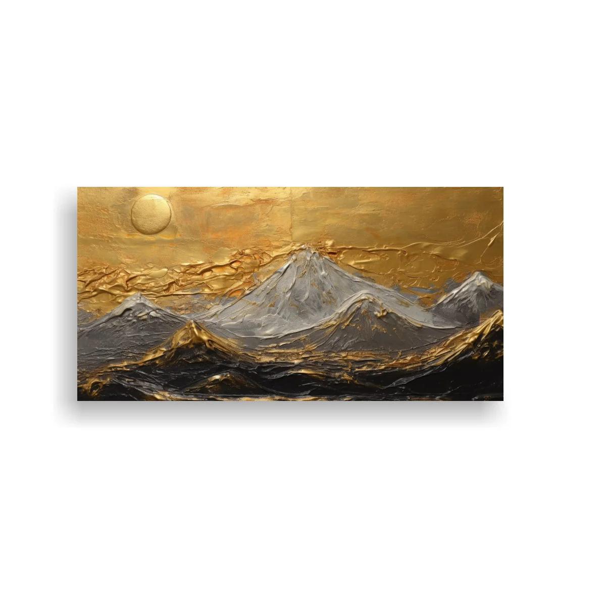 Cuadro cordillera nevada con sol dorado y textura espesa