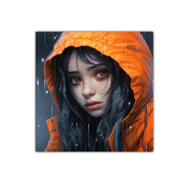 Retrato melancólico con capucha naranja bajo la lluvia
