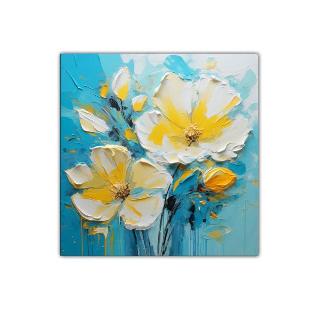 Cuadro floral en tonos amarillos y azul turquesa vibrante