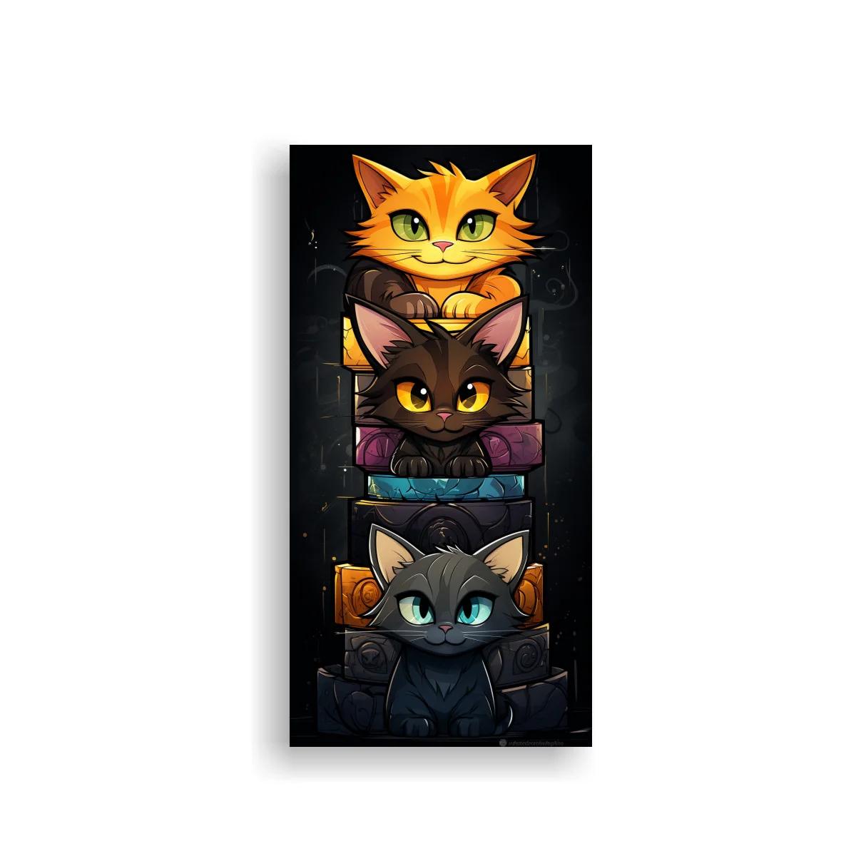 Cuadro tres gatos apilados entre libros