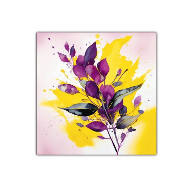 Cuadro moderno con hojas moradas y fondo amarillo vibrante
