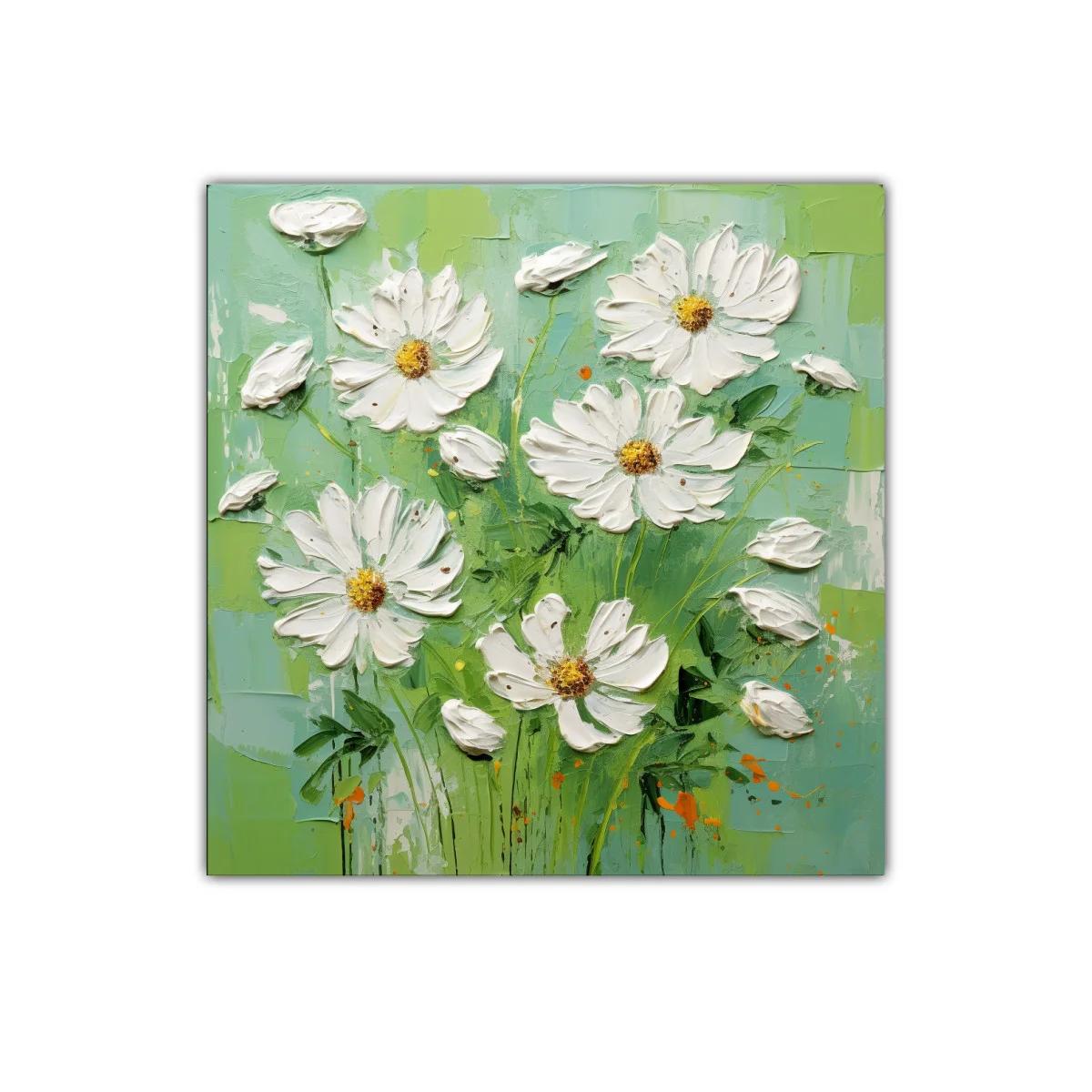 Cuadro flores blancas sobre fondo verde fresco y luminoso