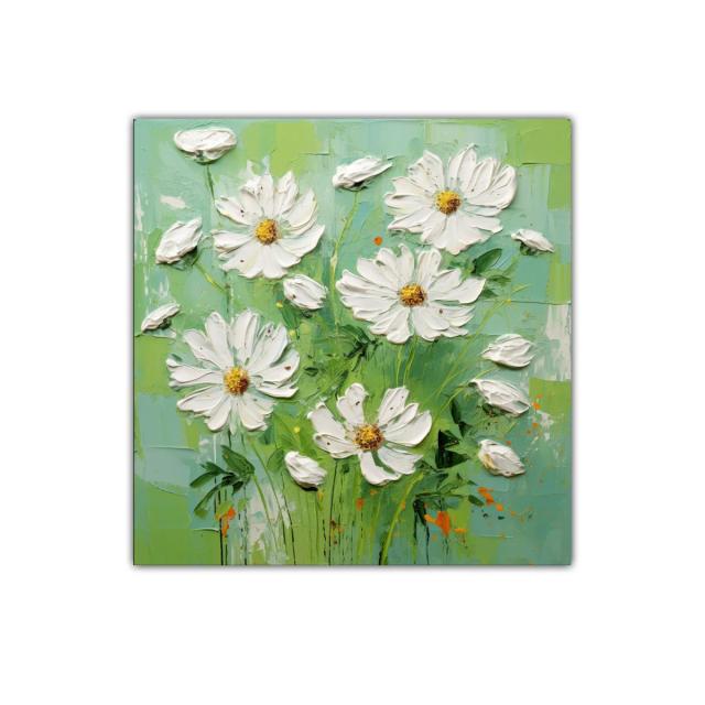 Cuadro flores blancas sobre fondo verde fresco y luminoso