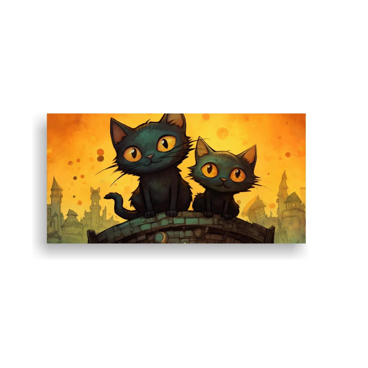 Cuadro dos gatos negros sobre tejado curvo — imagen principal