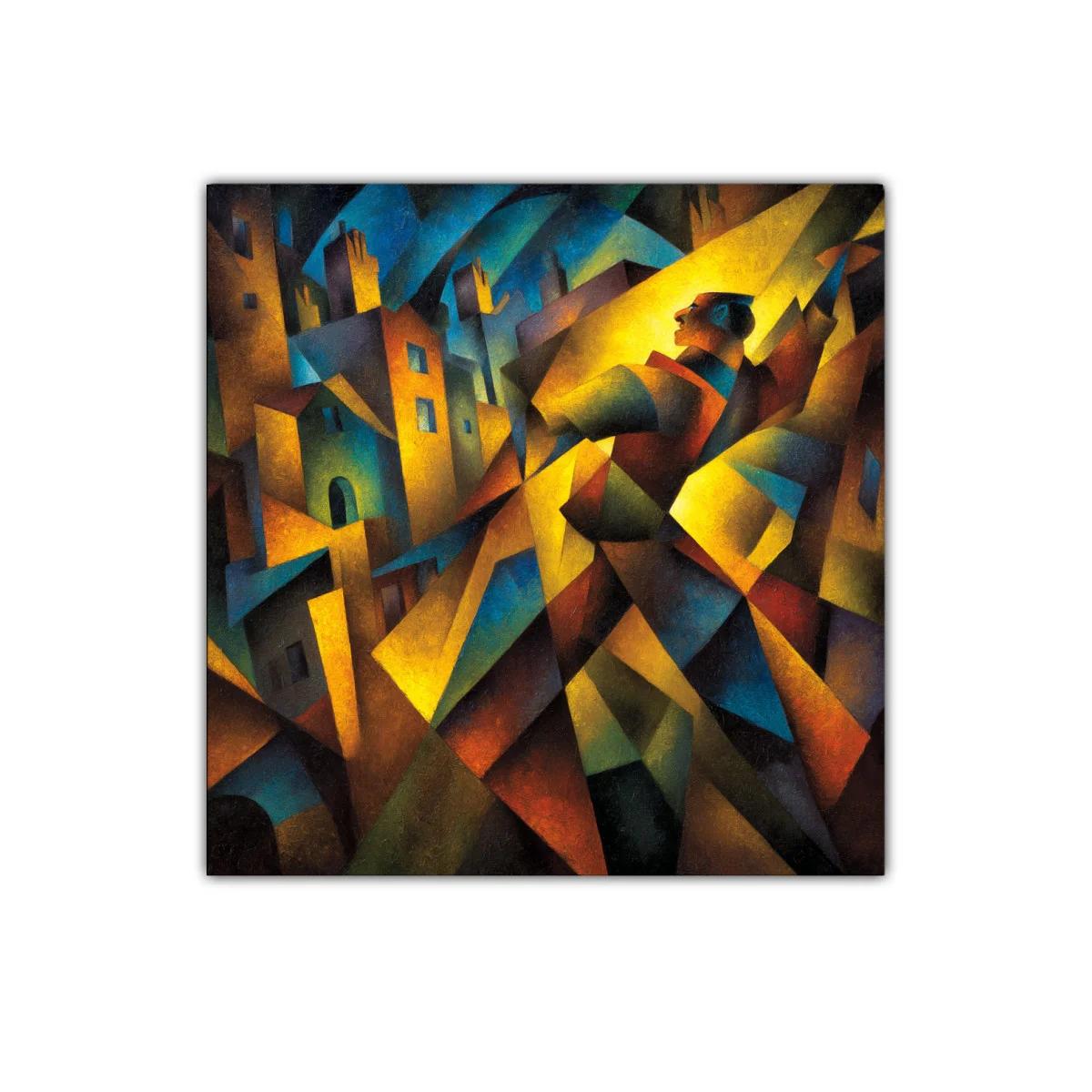 Composición geométrica vibrante con figura humana y luces