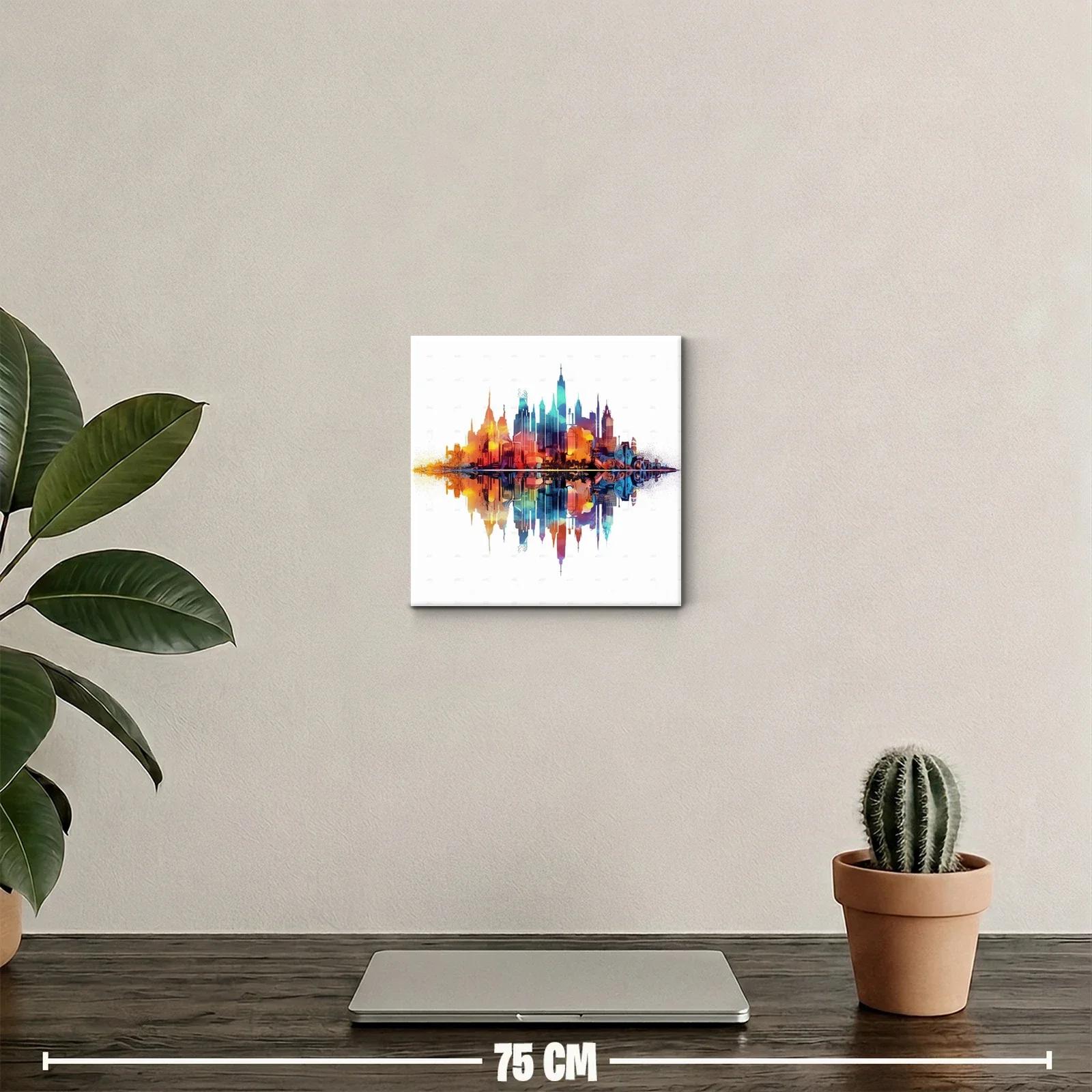 Cuadro colorido con skyline urbano y reflejo vibrante — miniatura 2