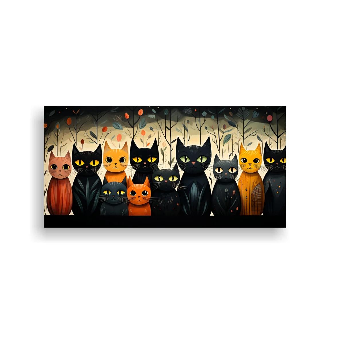 Cuadro grupo de gatos negros y naranjas con bosque de troncos delgados — imagen principal