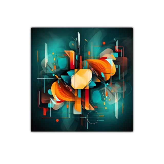 Composición abstracta en tonos turquesa y naranja vibrante