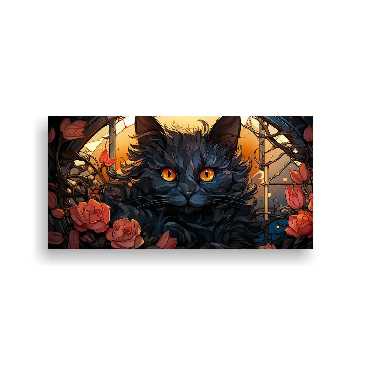 Cuadro gato negro de ojos naranjas con luna iluminando el fondo
